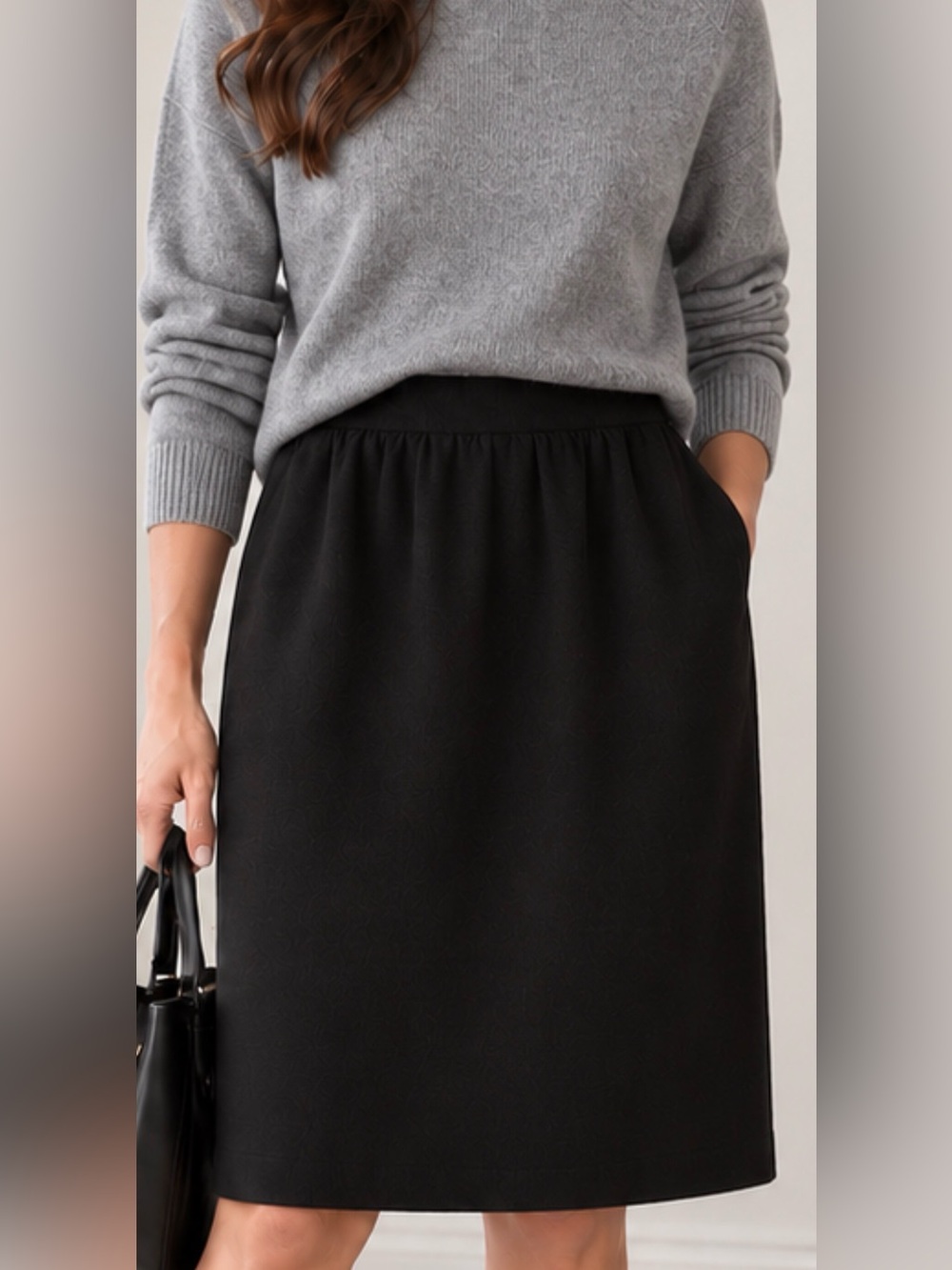Vintage Black 100% Wool Gathered Skirt Size 12 Pockets Back Zip